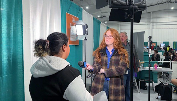 Global-5 employee MK Burgess, a former TV sports reporter who covered the Green Bay Packers and the Iditarod, conducted mock interviews of the Learning Lab participants